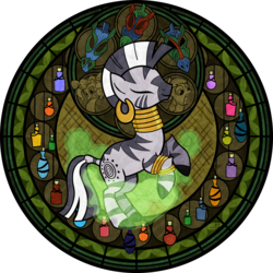 Size: 3600x3600 | Tagged: safe, artist:akili-amethyst, apple bloom, pinkie pie, zecora, pony, zebra, g4, disney, dive to the heart, female, kingdom hearts, solo, stained glass