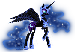 Size: 2807x1949 | Tagged: safe, artist:someponytolove, nightmare moon, alicorn, pony, g4, female, helmet, hoof shoes, jewelry, peytral, raised hoof, regalia, simple background, solo, spread wings, transparent background, watermark, wings