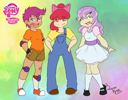 Size: 900x701 | Tagged: safe, artist:bleachedkitten, apple bloom, scootaloo, sweetie belle, human, g4, cutie mark crusaders, humanized