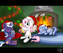 Size: 1024x865 | Tagged: safe, artist:lunarahartistry, fluttershy, trixie, oc, pegasus, pony, unicorn, g4, christmas, doll, female, filly