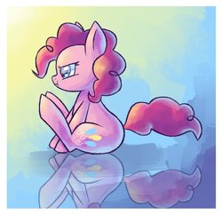 Size: 686x660 | Tagged: dead source, safe, artist:astrofiziks, pinkie pie, earth pony, pony, g4, hooves between legs, pouting, reflection, sitting, squint