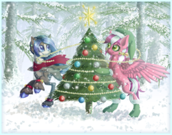 Size: 1074x840 | Tagged: safe, artist:ruaniamh, oc, oc only, oc:candy star, pegasus, pony, christmas, christmas tree, snow, snowfall, tree