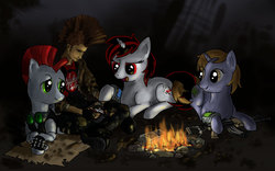 Size: 1680x1050 | Tagged: safe, artist:brentogara, oc, oc only, oc:blackjack, oc:littlepip, human, pony, unicorn, fallout equestria, fallout equestria: project horizons, assault rifle, campfire, cutie mark, fanfic, fanfic art, female, fire, gun, hooves, horn, lying down, male, mare, open mouth, pipbuck, prone, rifle, sitting, smiling, teeth, weapon