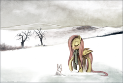 Size: 1200x808 | Tagged: safe, artist:cosmicunicorn, angel bunny, fluttershy, g4, art study, clothes, scarf, scenery, snow
