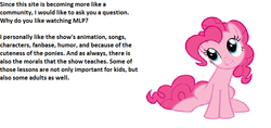 Size: 767x361 | Tagged: safe, pinkie pie, earth pony, pony, g4, discussion, female, meta, solo, text