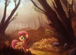 Size: 2000x1466 | Tagged: safe, artist:ajvl, fluttershy, pegasus, pony, g4, female, floppy ears, folded wings, forest, mare, nature, outdoors, scenery, solo, tree, wings