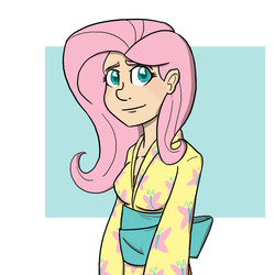 Size: 900x900 | Tagged: safe, artist:eliwood10, fluttershy, human, g4, clothes, dress, female, humanized, kimono (clothing), solo