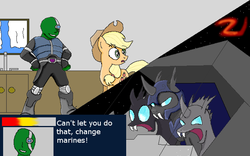 Size: 640x400 | Tagged: safe, applejack, oc, oc:anon, changeling, g4, angry, armor, changeling guard, comic, dialogue, fangs, hand on hip, parody, star fox, surprised