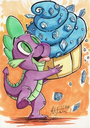 Size: 747x1053 | Tagged: safe, artist:kileybeecher, spike, dragon, g4, secret of my excess, cupcake, cute, food, gem, male, sapphire, sapphire cupcake, solo, spikabetes, spikelove, traditional art, wingless spike