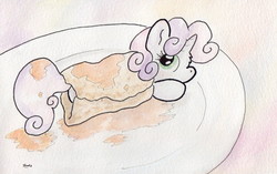 Size: 1130x710 | Tagged: safe, artist:slightlyshade, sweetie belle, pony, g4, female, food, micro, pancakes, ponies in food, solo, syrup, traditional art