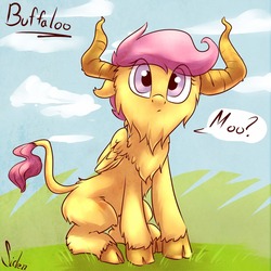 Size: 920x920 | Tagged: safe, artist:siden, scootaloo, bison, buffalo, g4, buffaloo, cloven hooves, female, fluffy, horns, looking at you, moo, pun, sitting, solo, species swap, wide eyes