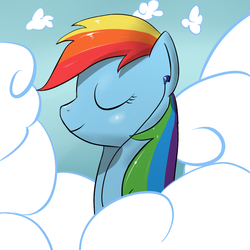 Size: 1024x1024 | Tagged: safe, artist:hackofalltrades, rainbow dash, pegasus, pony, g4, bust, cloud, eyes closed, female, headphones, mare, portrait, profile, sky, smiling, solo