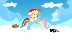 Size: 2560x1440 | Tagged: safe, artist:foxy-noxy, angel bunny, fluttershy, rainbow dash, g4, filly, hat, hug, santa hat, sunglasses, vector, wallpaper