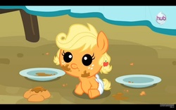 Size: 800x500 | Tagged: safe, screencap, applejack, earth pony, pony, apple family reunion, g4, season 3, baby, baby pony, babyjack, cute, diaper, filly, foal, hnnng, letterboxing