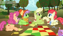 Size: 510x288 | Tagged: safe, screencap, apple rose, auntie applesauce, granny smith, sew 'n sow, earth pony, pony, apple family reunion, g4, apple tree, braid, braided tail, female, flashback, mare, prone, quilt, tree, young apple rose, young auntie applesauce, young granny smith, younger