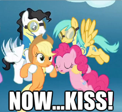 Size: 427x393 | Tagged: safe, edit, edited screencap, screencap, applejack, mercury, pinkie pie, starry eyes (g4), sunshower raindrops, g4, wonderbolts academy, caption, female, lesbian, now kiss, out of context, ship:applepie, shipper on deck, shipping, wonderbolt trainee uniform