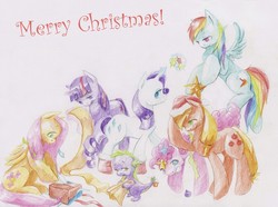 Size: 1612x1200 | Tagged: safe, artist:wolfiedrawie, applejack, fluttershy, pinkie pie, rainbow dash, rarity, spike, twilight sparkle, pony, g4, christmas, holly, mane seven, mane six, traditional art