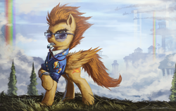 Size: 1900x1200 | Tagged: safe, artist:huussii, spitfire, pegasus, pony, g4, clothes, cloudsdale, female, solo, sunglasses, uniform, watch, whistle, wonderbolts dress uniform