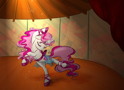 Size: 6901x5002 | Tagged: safe, artist:littletiger488, oc, oc only, oc:graceful slippers, pony, unicorn, absurd resolution, ballerina, ballet, ballet slippers, clothes, dancing, dress, eyes closed, female, mare