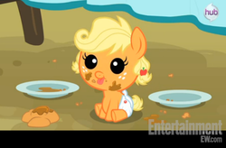 Size: 470x308 | Tagged: safe, screencap, applejack, earth pony, pony, apple family reunion, g4, apple fritter (food), baby, baby pony, babyjack, cute, diaper, plate