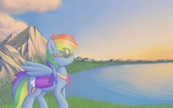 Size: 1920x1200 | Tagged: safe, artist:lurarin, rainbow dash, fanfic:austraeoh, g4, element of loyalty, fanfic art, goggles, grass, lake, mountain, nature, outdoors, saddle bag, scenery, sunset