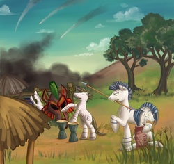 Size: 1500x1413 | Tagged: dead source, safe, artist:polkin, zebra, cloud, drums, grass, musical instrument, smoke, spear, tree