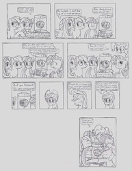 Size: 1280x1660 | Tagged: safe, artist:airship-king, applejack, fluttershy, pinkie pie, rainbow dash, rarity, twilight sparkle, pony, ask brainy twilight, g4, brain in a jar, brainy, brainy twilight, comic, group hug, mane six, monochrome, sparks, traditional art