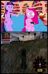 Size: 890x1354 | Tagged: safe, artist:terry, pinkie pie, twilight sparkle, earth pony, pony, unicorn, g4, at gunpoint, big rigs over the road racing, couch, exploitable meme, female, gun, gun meme, mare, meme, sitting, threatening