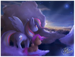 Size: 1056x794 | Tagged: safe, artist:14-bis, rainbow dash, scootaloo, pegasus, pony, g4, cloud, female, on a cloud, sisters, stars