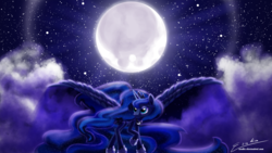 Size: 2200x1238 | Tagged: safe, artist:esuka, princess luna, alicorn, pony, g4, female, large wings, mare, moon, night, solo, spread wings, stars, wings