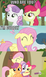 Size: 640x1079 | Tagged: safe, edit, edited screencap, screencap, apple bloom, fluttershy, scootaloo, sweetie belle, butterfly, g4, ponyville confidential, comic, cuddly, cutie mark crusaders, floppy ears, hug, image macro, screencap comic