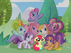 Size: 640x480 | Tagged: safe, edit, apple bloom, cheerilee (g3), pinkie pie (g3), rainbow dash (g3), scootaloo (g3), starsong, sweetie belle (g3), toola-roola, earth pony, pony, unicorn, g3, g3.5, g4, applebuse, core seven, crying, emotional warfare, female, filly, foal, that's just cruel