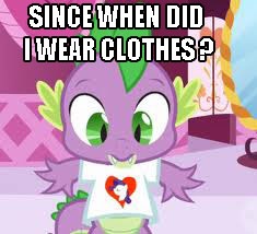 Size: 235x214 | Tagged: safe, edit, edited screencap, screencap, spike, dragon, g4, green isn't your color, caption, clothes, cropped, heart, illogical, image macro, love, male, nonsense, question, shirt, shirt design, solo, t-shirt, text, we don't normally wear clothes