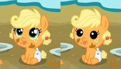 Size: 478x271 | Tagged: safe, artist:glancojusticar, edit, edited screencap, screencap, applejack, earth pony, pony, apple family reunion, g4, baby, baby pony, babyjack, comparison, hilarious in hindsight