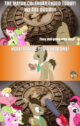 Size: 2357x3692 | Tagged: safe, artist:aponybrony, daisy, doctor whooves, flower wishes, lily, lily valley, pinkie pie, roseluck, time turner, g4, 2012 phenomenon, caption, chainsaw, flower trio, image macro, mayan apocalypse, mayan calendar, necktie