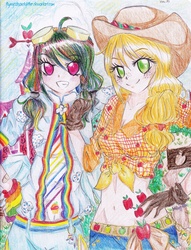 Size: 2512x3292 | Tagged: safe, artist:monicherrie, applejack, rainbow dash, human, g4, belly button, front knot midriff, goggles, humanized, midriff, traditional art