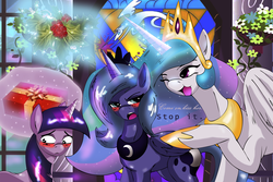 Size: 3763x2516 | Tagged: safe, artist:alcasar-reich, princess celestia, princess luna, twilight sparkle, g4, blushing, female, holly, holly mistaken for mistletoe, lesbian, s1 luna, ship:twiluna, shipper on deck, shipping