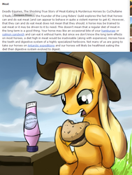 Size: 643x852 | Tagged: safe, artist:gsphere, applejack, earth pony, pony, g4, burger, meat, ponies eating meat, pony diet, text