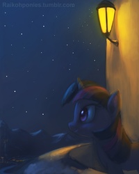 Size: 702x878 | Tagged: safe, artist:grissaecrim, twilight sparkle, pony, unicorn, g4, balcony, female, lamp, night, solo, unicorn twilight