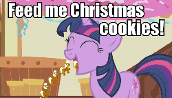 Size: 710x405 | Tagged: safe, edit, edited screencap, screencap, twilight sparkle, pony, g4, animated, bronybait, christmas, cookie, female, gif, gingerbread (food), gingerbread pony, image macro, solo, stuffing, this will end in colic