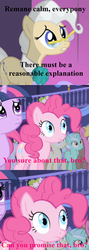 Size: 498x1401 | Tagged: safe, lyra heartstrings, mayor mare, pinkie pie, twilight sparkle, g4, comic, font issues, glasses, paranoid