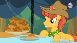 Size: 506x281 | Tagged: safe, screencap, half baked apple, earth pony, pony, apple family reunion, g4, season 3, apple family member, apple fritter (food), background pony, bucktooth, cowboy hat, food, hat, hub logo, logo, male, neckerchief, solo, stallion, the hub