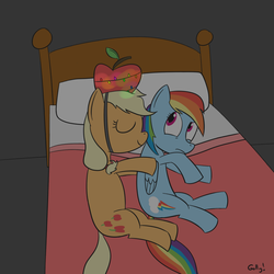 Size: 1000x1000 | Tagged: safe, artist:rapidstrike, applejack, rainbow dash, pony, g4, cuddling, hat, silly, silly pony