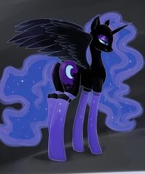 Size: 853x1024 | Tagged: safe, artist:justpony, edit, nightmare moon, g4, clothes, missing accessory, partially undressed, stockings, stupid sexy nightmare moon