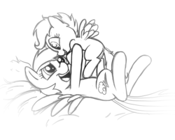 Size: 1000x805 | Tagged: safe, artist:mickeymonster, rainbow dash, scootaloo, pegasus, pony, g4, blank flank, duo, duo female, female, filly, foal, happy, holding, holding a pony, looking at each other, looking at someone, lying down, mare, monochrome, on back, open mouth, open smile, scootalove, simple background, smiling, spread wings, white background, wings