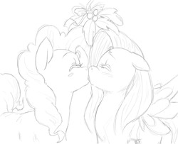 Size: 1600x1300 | Tagged: dead source, safe, artist:sdteddybear, fluttershy, pinkie pie, earth pony, pegasus, pony, g4, duo, eyes closed, female, french kiss, holly, holly mistaken for mistletoe, kissing, lesbian, mare, monochrome, ship:flutterpie, shipping, sketch