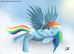 Size: 900x658 | Tagged: safe, artist:casparraillen, rainbow dash, pegasus, pony, g4, cloud, female, mare, morning ponies, one eye closed, open mouth, signature, sky, solo, spread wings, wings