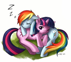 Size: 1700x1500 | Tagged: safe, artist:katiramoon, rainbow dash, twilight sparkle, g4, female, lesbian, ship:twidash, shipping, sleeping, snuggling, zzz