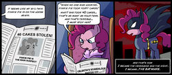 Size: 1000x438 | Tagged: safe, artist:madmax, pinkie pie, earth pony, pony, equestria daily, g4, and that's terrible, bathrobe, batman, batmare, chair, clothes, comic, costume, crossover, evil twin, female, frown, glare, i can't believe it's not idw, mare, newspaper, sitting, solo