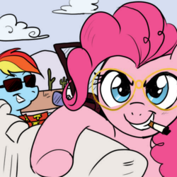 Size: 500x500 | Tagged: safe, artist:madmax, pinkie pie, rainbow dash, earth pony, pegasus, pony, g4, car, cigarette, duo, fear and loathing in las vegas, parody, smoking, sunglasses